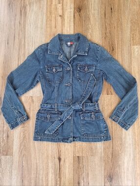 Womens Denim Utility Jacket Belted Button Front Blue Jean Coat Casual Chic